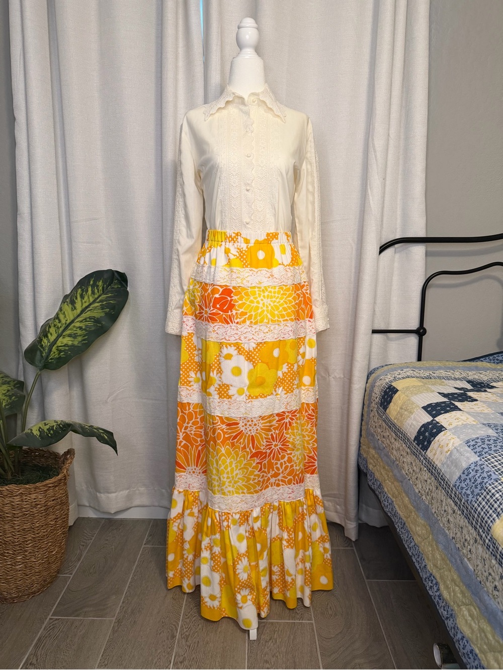 Vintage 1970s Gregg Draddy Floral Maxi Skirt - Marigold Hippie Cottagecore